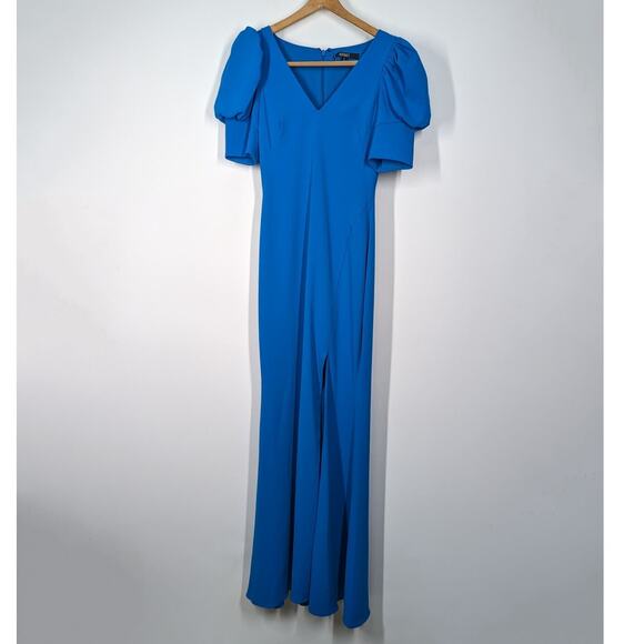 Badgley Mischka Odessa Split Front Crepe Gown V-Neck Puff Sleeves Blue Size 0 - Picture 4 of 15